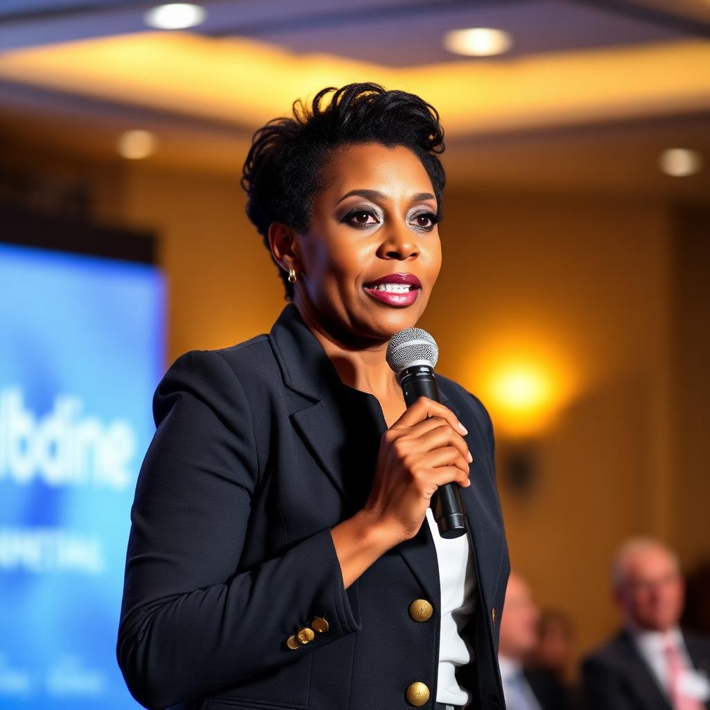 Regina speaking with a microphone